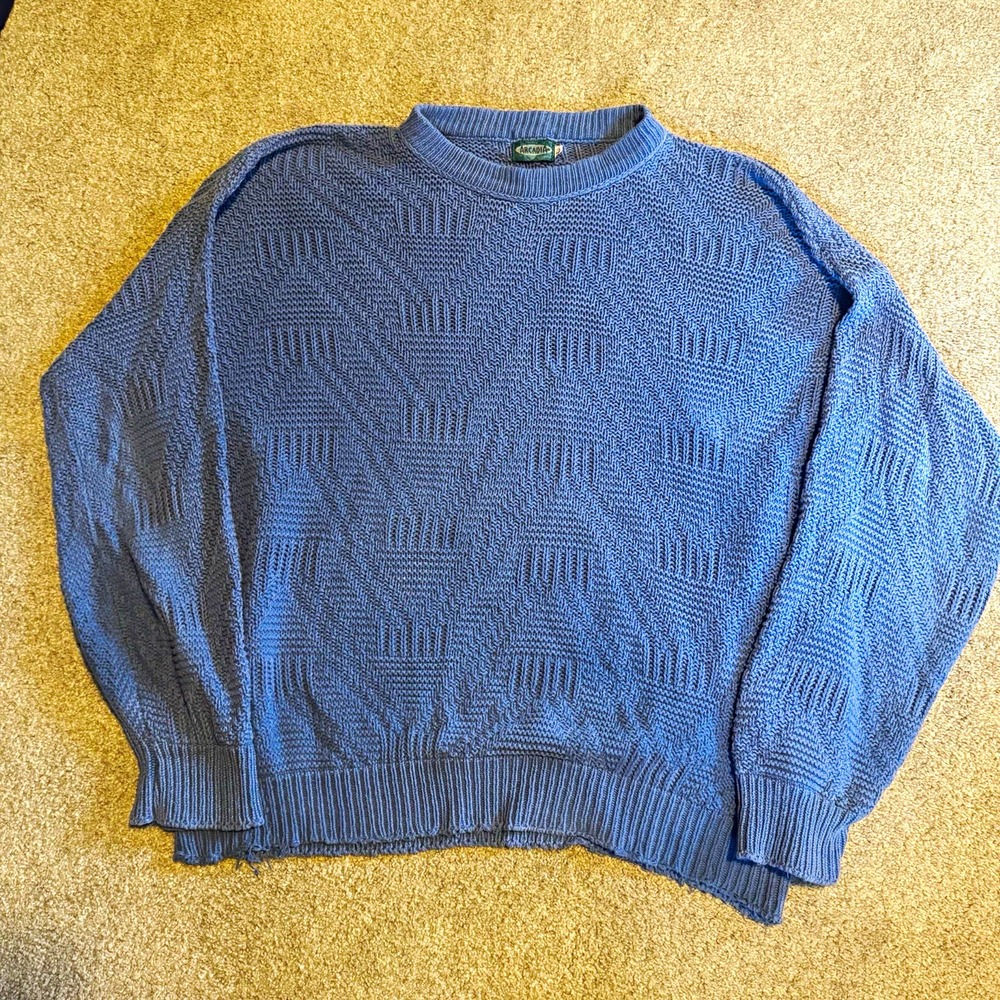 Vintage distressed Arcadia Men's Blue Geometric Knit  Pullover Sweater  L